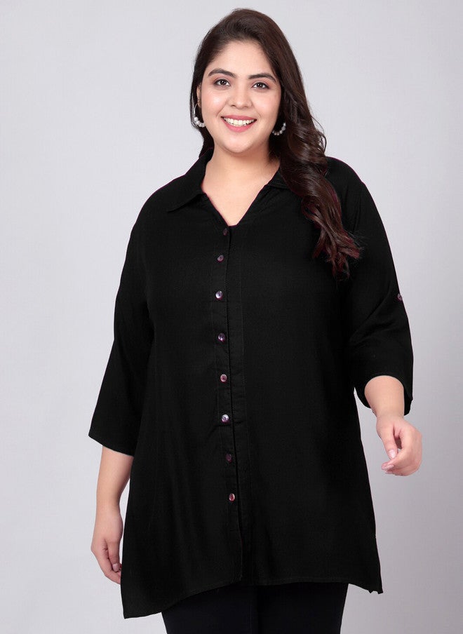 Indietoga Plus Size Classic Spread Collar Longline Casual Shirt - Image 1